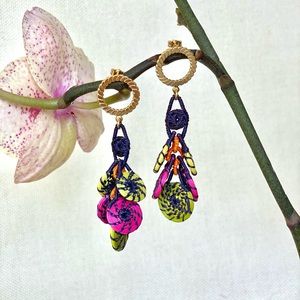 Hand Made Woven Palm Leaf Multicolor Long Earrings Gold Plated